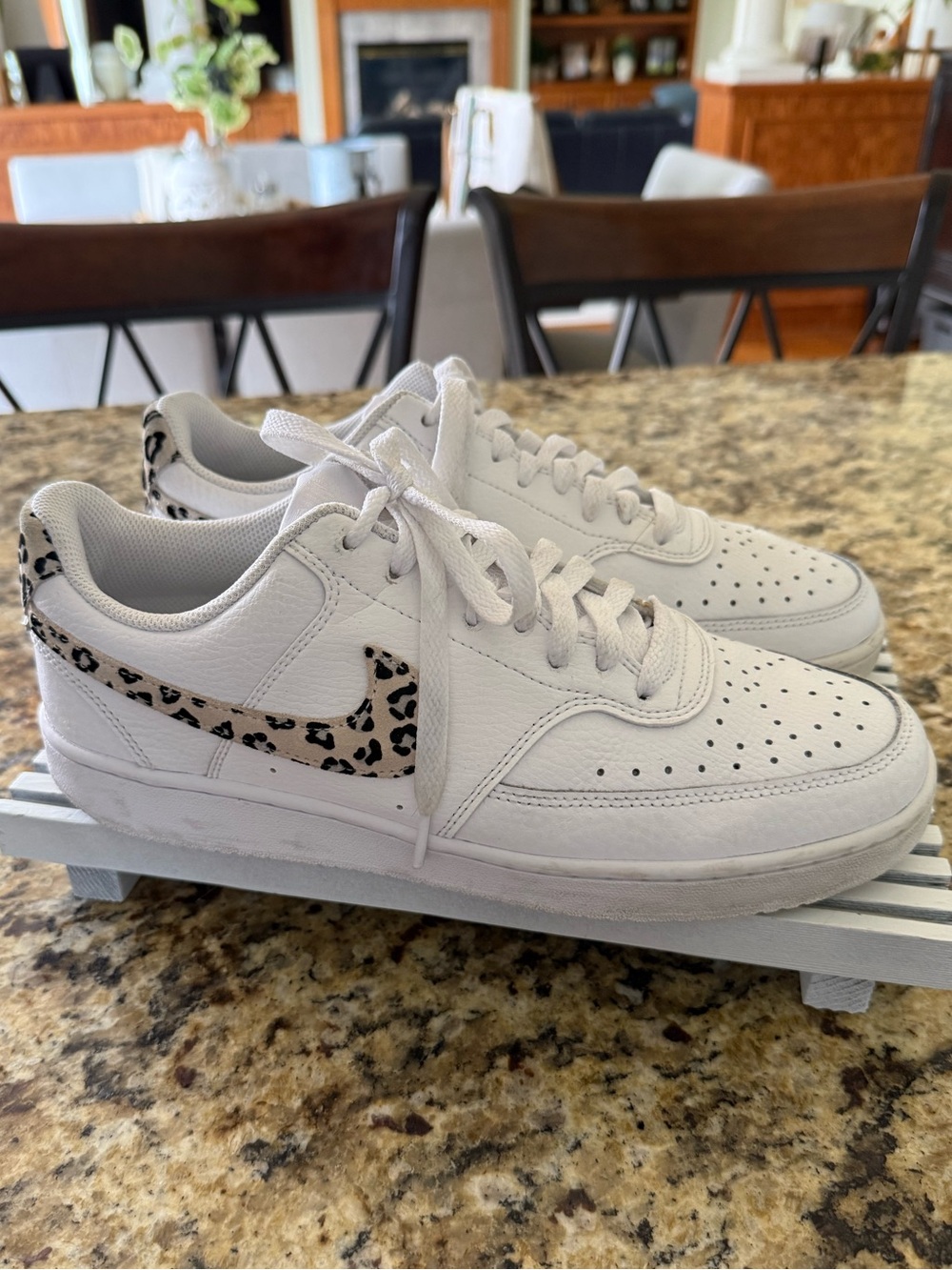 Nike White Sneakers with Leopard Print Swoosh